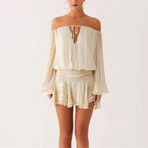 Peppermayo Eira Balloon Sleeve Mini Dress Cream Off-Shoulder Dress